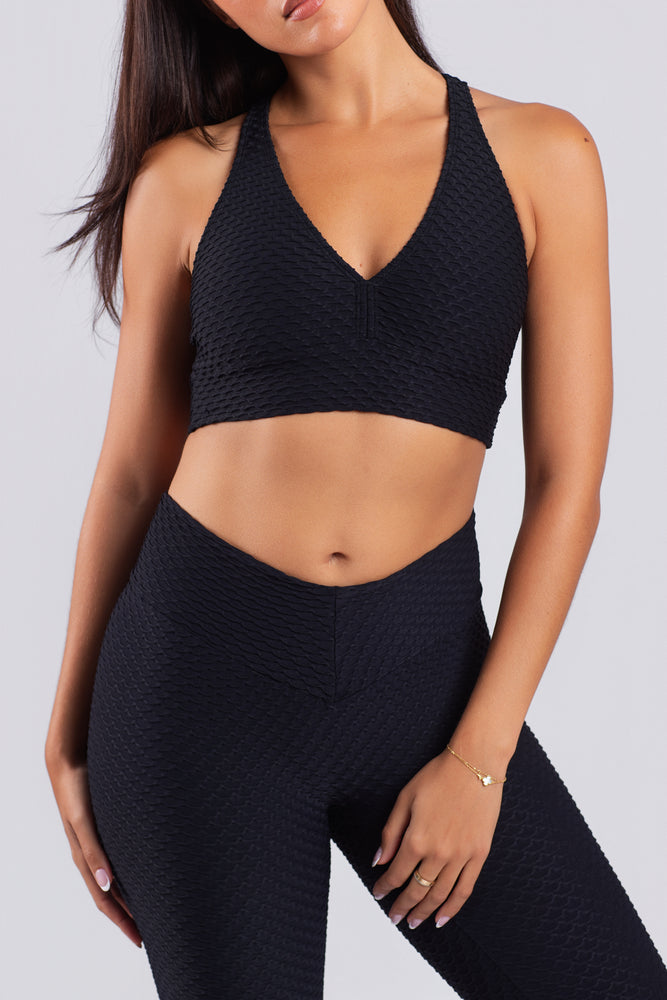 Croco Skin V Neck Top Black